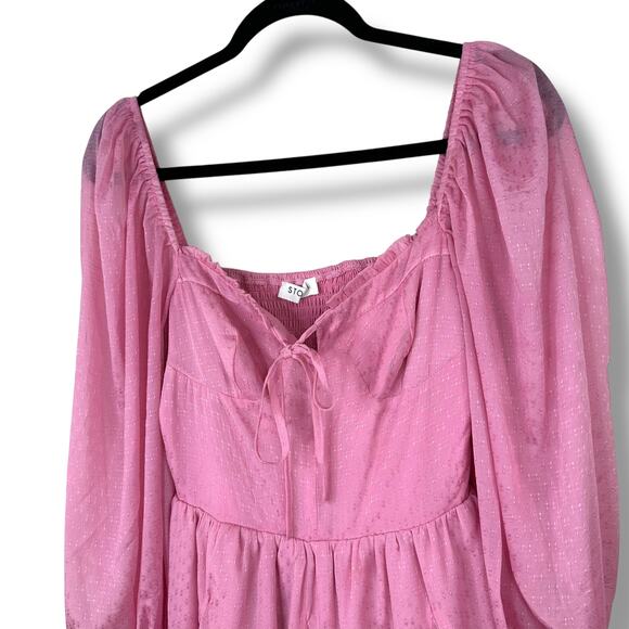 Storia Adorable Perfection Pink Balloon Sleeve Sweetheart Woven Bustier Romper - Picture 5 of 10
